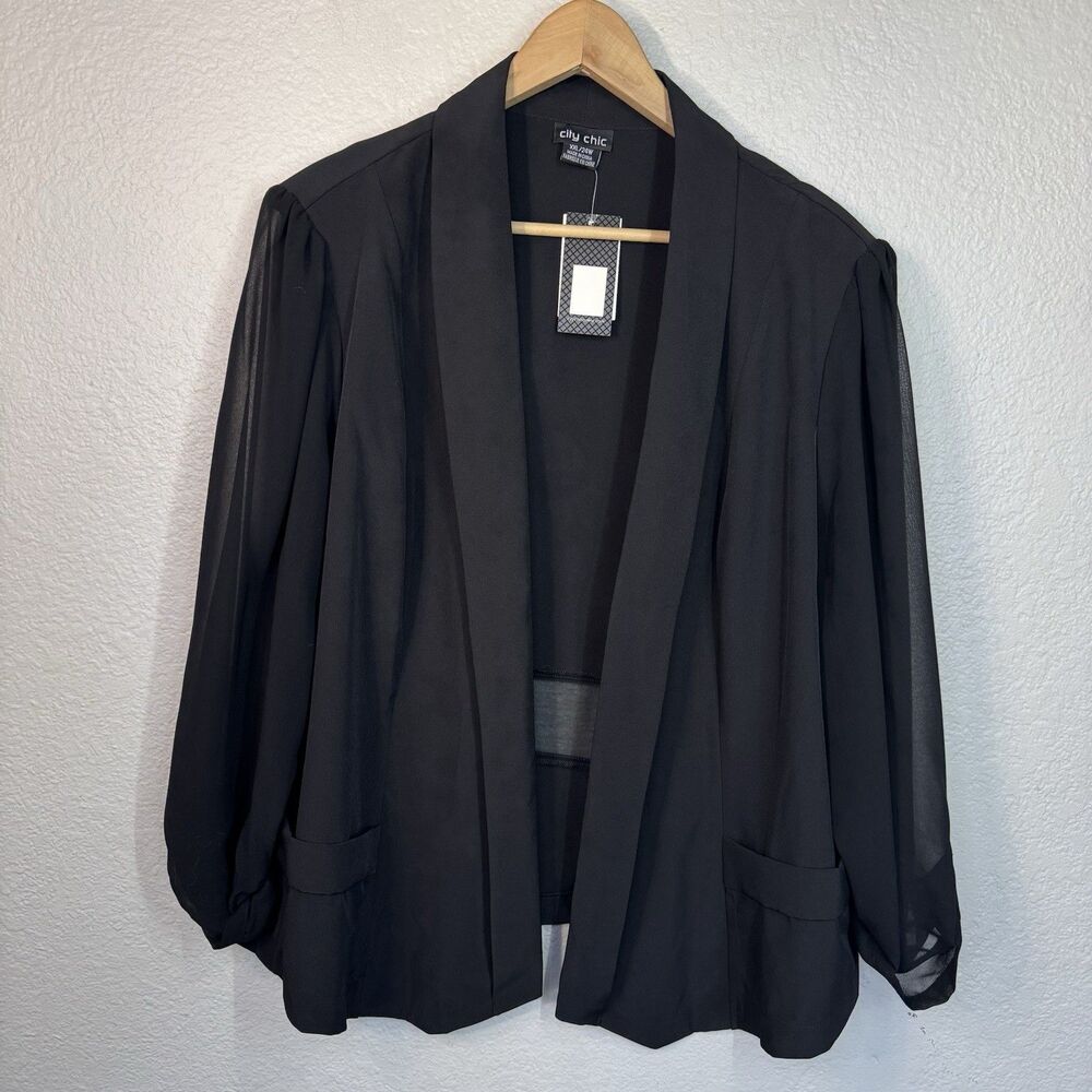 City Chic Drapey Blazer 24W XXL Women Black Sheer Sleeve Jacket Office Party NEW